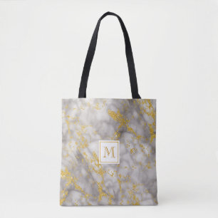 Eleganter Gray Marble Monogram Imitate Gold Glitze Tasche
