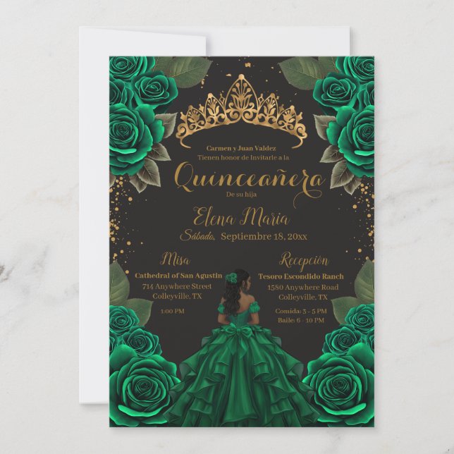 Eleganter Green Black Quinceñera Rose Gold Glitzer Einladung (Vorderseite)