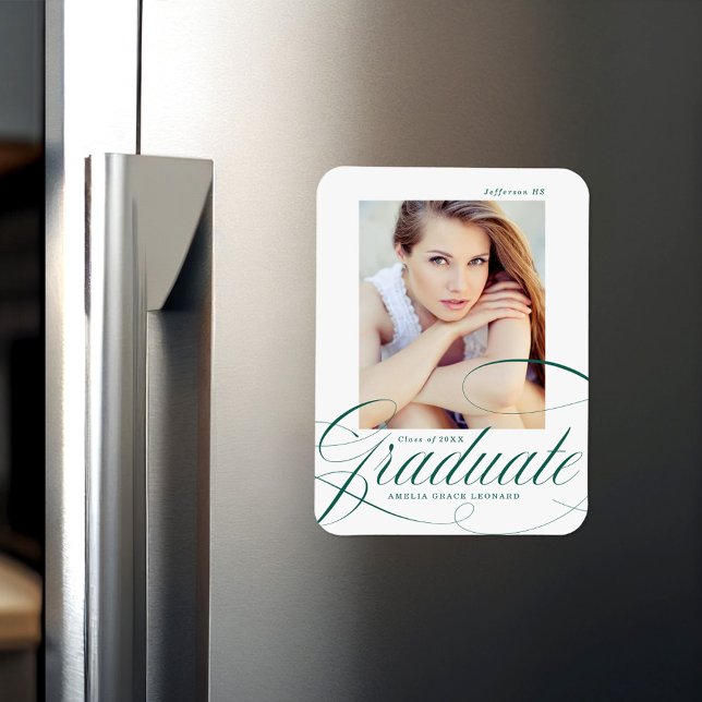 Eleganter Green Calligraphy Script Foto Abschluss Magnet (Von Creator hochgeladen)