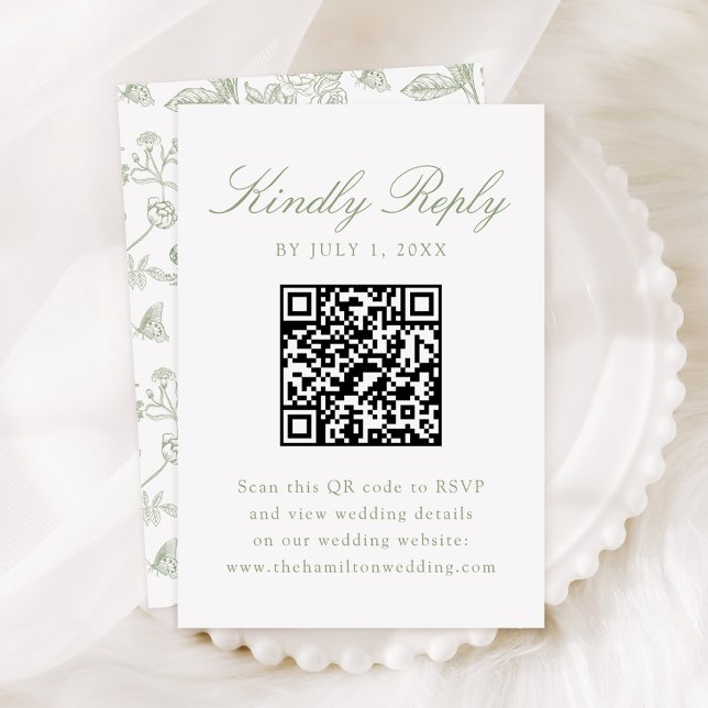 Eleganter Green Chinoiserie Floral Wedding QR Code RSVP Karte (Von Creator hochgeladen)