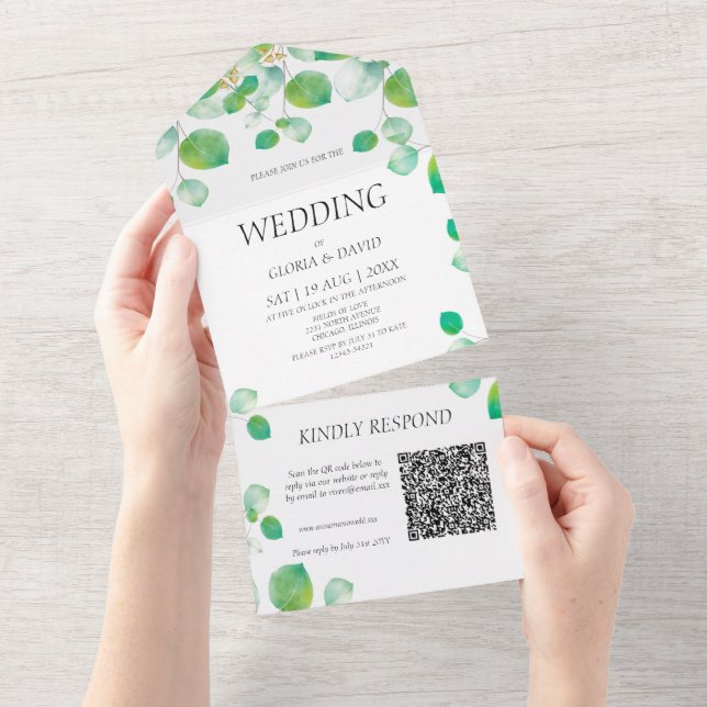 Eleganter Green Foliage QR-Code All In One Einladung (Abreißtisch)