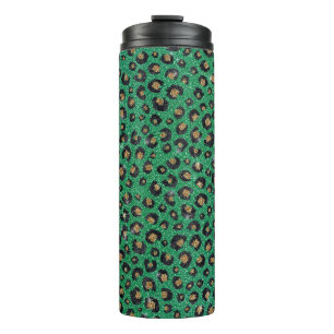 Eleganter Green Glitzer Black Gold Leopard Print Thermosbecher