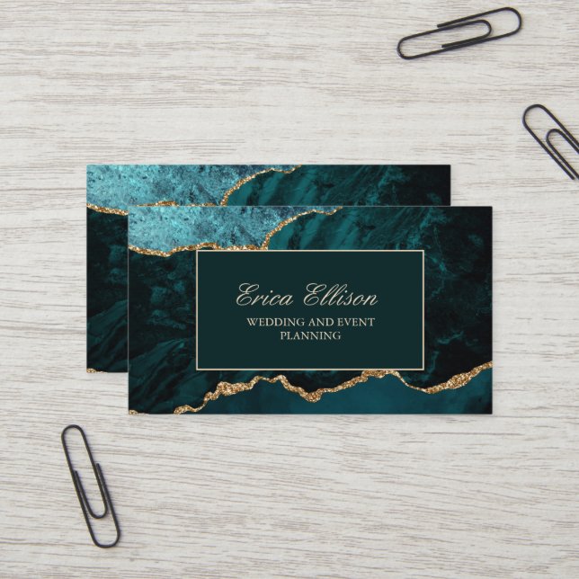Eleganter Green Gold Marmor Hochzeitsplaner Visitenkarte (Vorderseite/Rückseite Beispiel)