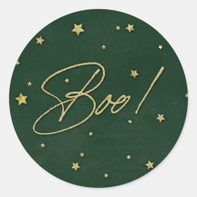 Eleganter Green+Gold Scattered Stars Boo! Hallowee Runder Aufkleber (Vorderseite)