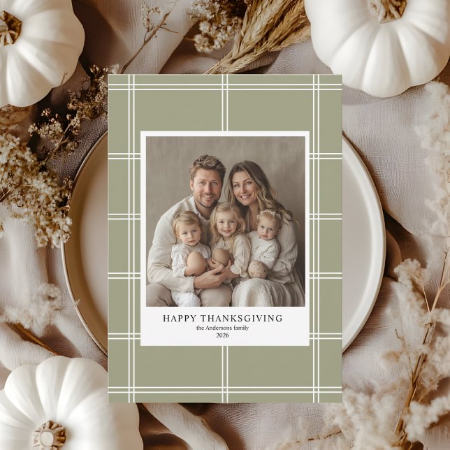 Eleganter Green Kariert Family Foto Erntedank Einladung (Von Creator hochgeladen)