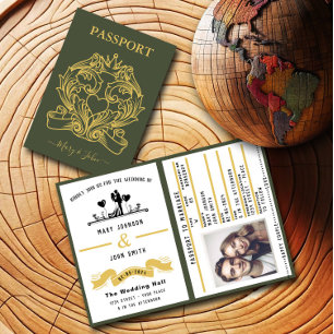 Eleganter Green Passport Stil Einladung zur Hochze