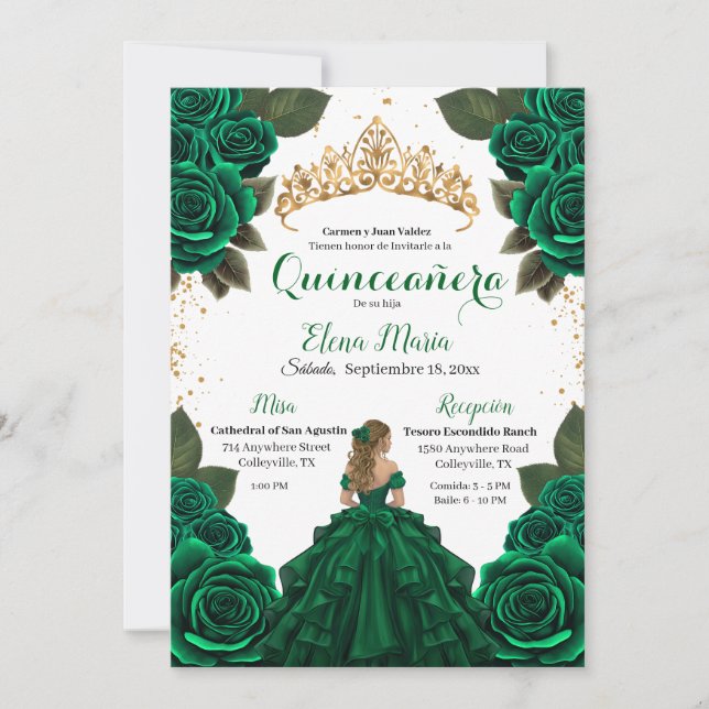 Eleganter Green Quinceñera Rose Gold Glitzer Einladung (Vorderseite)
