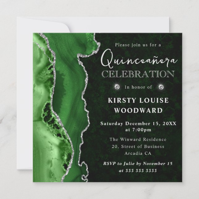 Eleganter Green Silver Glitzer Agate Quinceanera Einladung (Vorderseite)