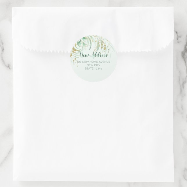 Eleganter Green und Gold Foliage New Address Stick Runder Aufkleber (Tasche)