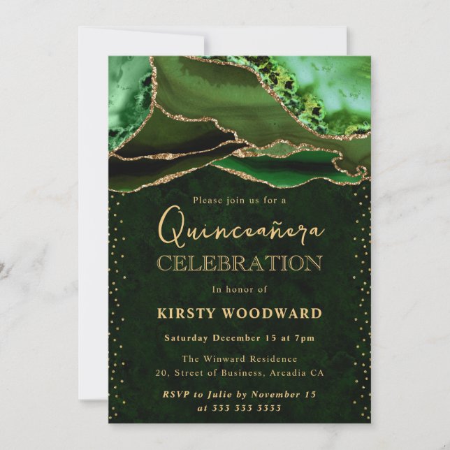 Eleganter Green und Gold Glitzer Agate Quinceanera Einladung (Vorderseite)