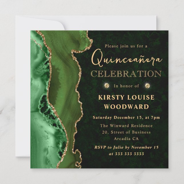 Eleganter Green und Gold Glitzer Agate Quinceanera Einladung (Vorderseite)