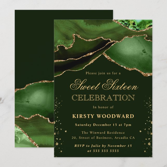Eleganter Green und Gold Glitzer Agate Sweet 16 Einladung (Vorne/Hinten)