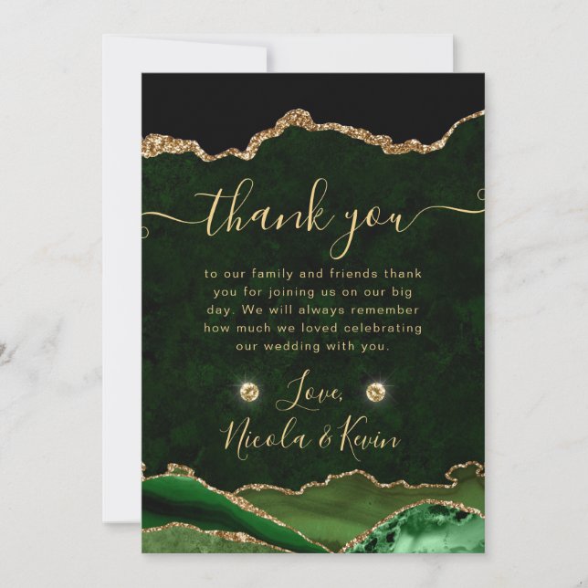 Eleganter Green und Gold Glitzer Agate Wedding Dankeskarte (Vorderseite)