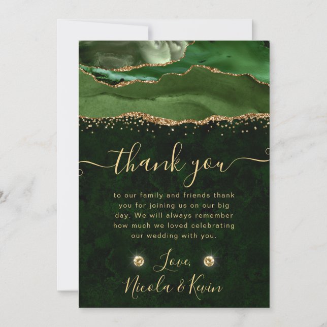 Eleganter Green und Gold Glitzer Agate Wedding Dankeskarte (Vorderseite)