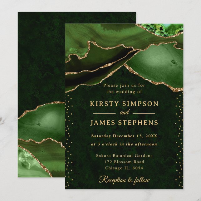 Eleganter Green und Gold Glitzer Agate Wedding Einladung (Vorne/Hinten)