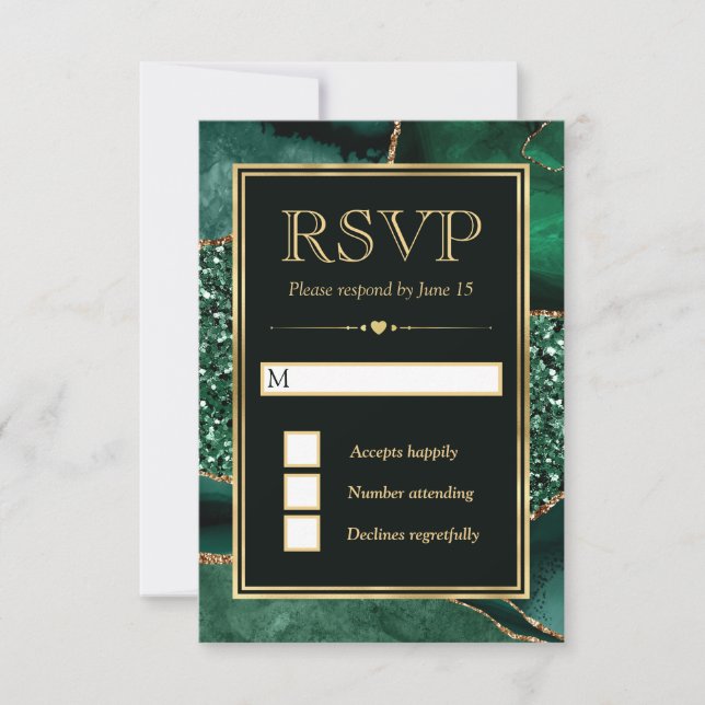 Eleganter Green und Gold Glitzer Agate Wedding RSVP Karte (Vorderseite)