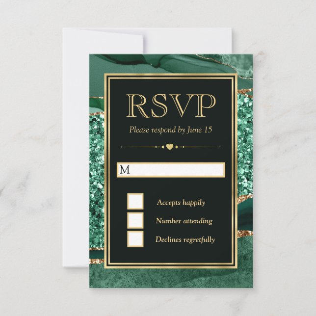 Eleganter Green und Gold Glitzer Agate Wedding RSVP Karte (Vorderseite)