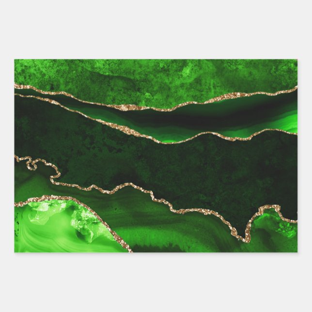 Eleganter Green und Gold Imitate Glitzer Agate Geschenkpapier Set (Vorderseite)