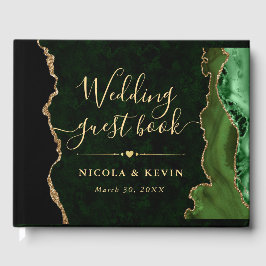 Eleganter Green und Gold Imitate Glitzer Agate Wed Gästebuch