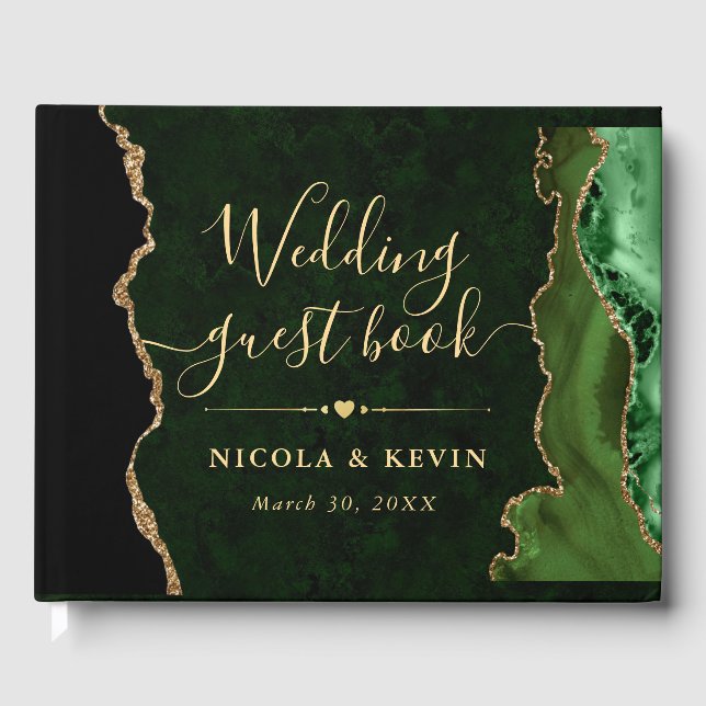 Eleganter Green und Gold Imitate Glitzer Agate Wed Gästebuch (Vorderseite)