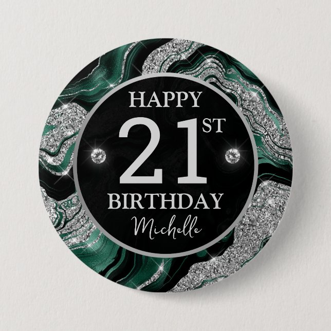 Eleganter Green und Silver Glitzer Agate Birthday Button (Vorderseite)