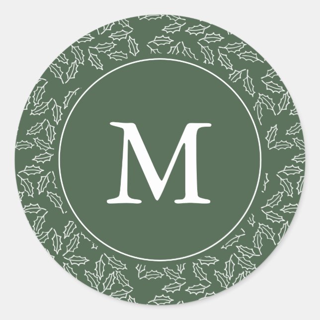 Eleganter Green und White Holly Monogram Holiday Runder Aufkleber (Vorderseite)