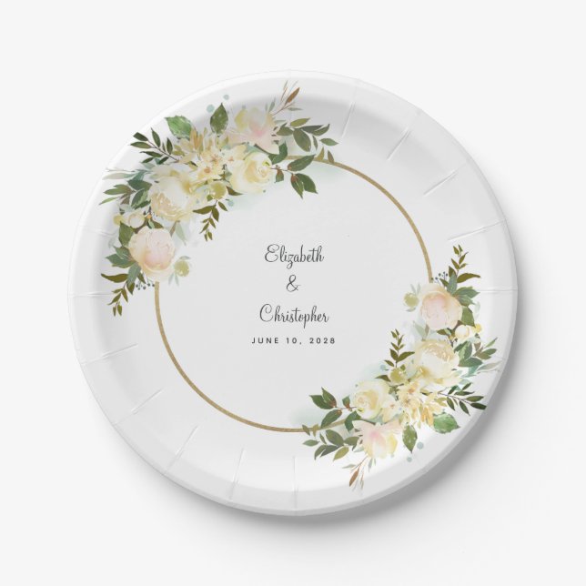 Eleganter Greenery White Rose Floral Gold Rahmen Pappteller (Vorderseite)