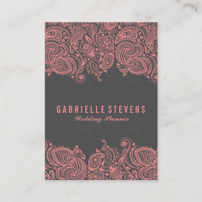 Eleganter Grey & Pink Paisley Lace Wedding Planner Visitenkarte (Vorderseite)