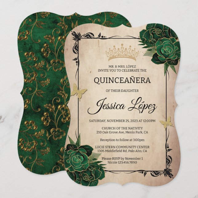 Eleganter Grün und Gold Quinceñera Rustikaler Gebu Einladung (Vorne/Hinten)