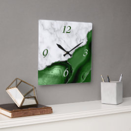 Eleganter Grüner Agate Silver Glitzer Marmor Quadratische Wanduhr