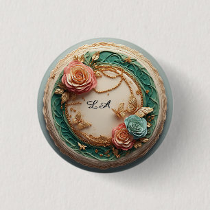 Eleganter grüner Blumenrahmen mit rosa Rosen Button
