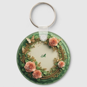 Eleganter grüner Blumenrahmen mit rosa Rosen Schlüsselanhänger