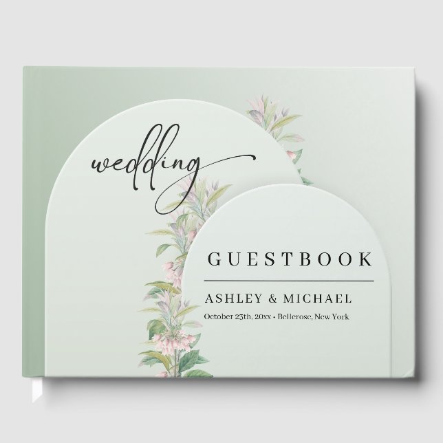 Eleganter grüner Bogen Blütenblütenhochzeit Gästebuch (Vorderseite)