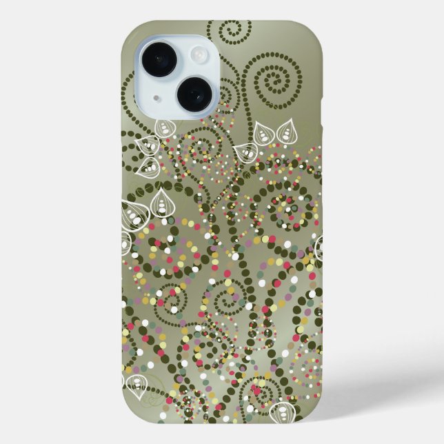 Eleganter grüner Bohemischer Deko Dots Spirals Art iPhone 15 Hülle (Rückseite)