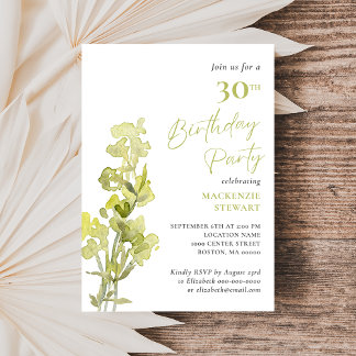 Eleganter Grüner Botanischer Aquarell 30. Geburtst Einladung