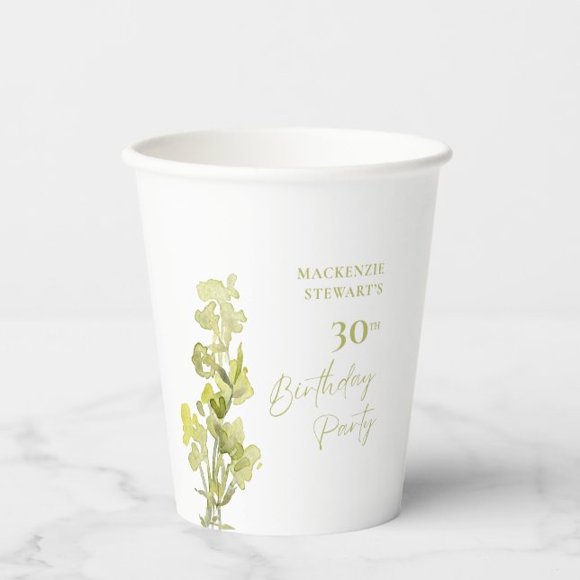 Eleganter Grüner Botanischer Aquarell 30. Geburtst Pappbecher (Vorderseite)