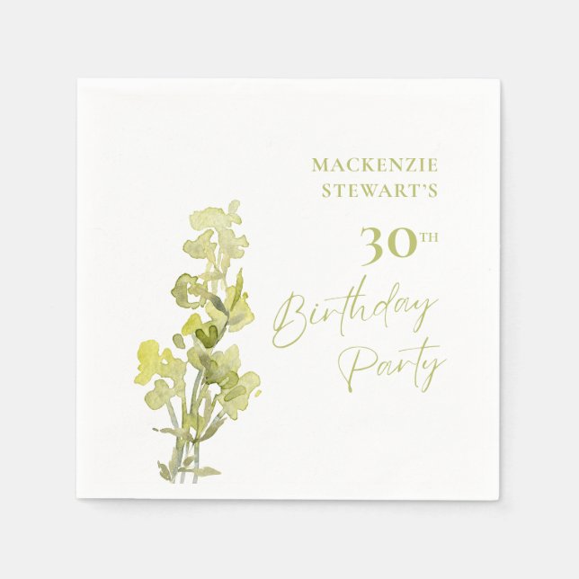 Eleganter Grüner Botanischer Aquarell 30. Geburtst Serviette (Vorderseite)
