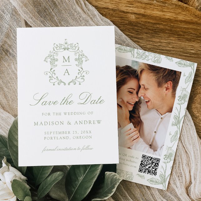 Eleganter grüner Chinoiserie-Blumen QR-Code zur Ho Save The Date (Von Creator hochgeladen)