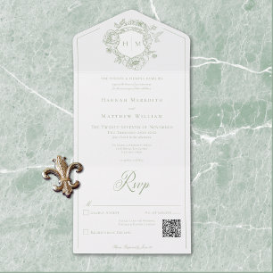 Eleganter grüner Chinoiserie-Vogel-Wappen-Hochzeit All In One Einladung