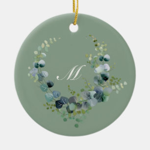 Eleganter grüner Eukalyptus-Kranz Schrift-Monogram Keramik Ornament