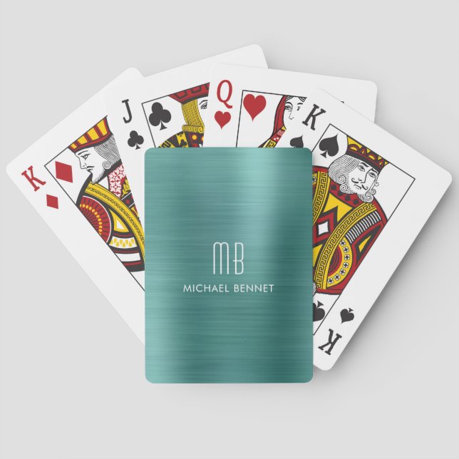 Eleganter grüner, gegossener Metallic-Monogramm-Na Spielkarten (Rückseite)