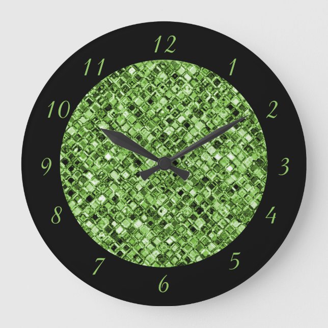 Eleganter Grüner Glitzer Glam Sparkle Chic Große Wanduhr (Vorderseite)