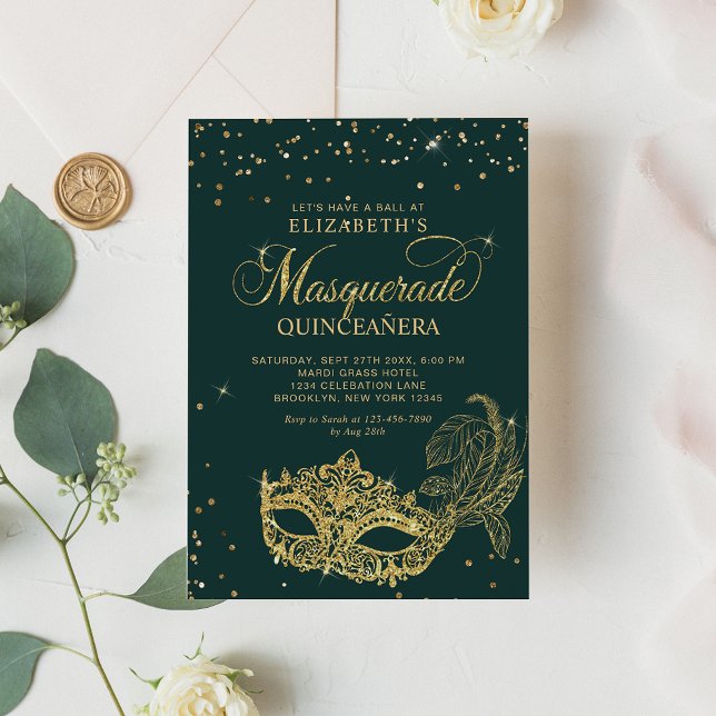 Eleganter grüner Glitzer Masquerade Quinceañera Einladung (Von Creator hochgeladen)