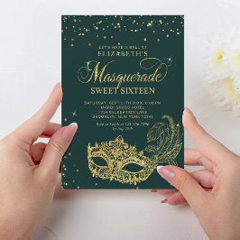 Eleganter grüner Glitzer Masquerade Sweet 16 Einladung
