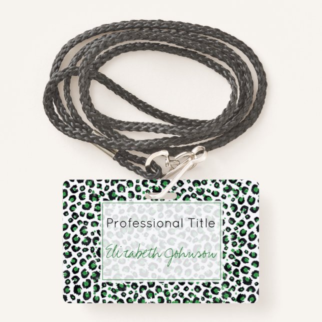 Eleganter grüner Glitzer Schwarzer Leopard-Tierdru Ausweis (Vorderseite mit Schlüsselband)