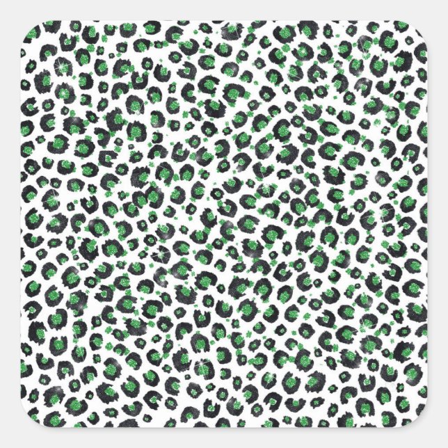 Eleganter grüner Glitzer Schwarzer Leopard-Tierdru Quadratischer Aufkleber (Vorderseite)