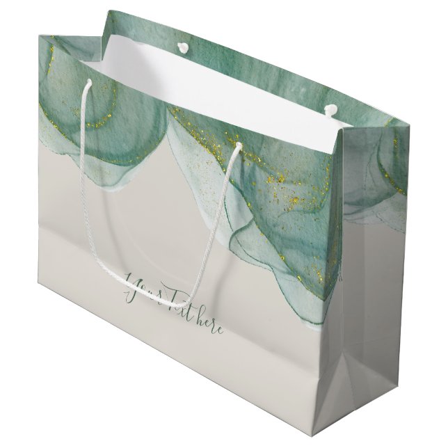 Eleganter grüner Glitzer Wasserfarbe Große Geschenktüte (Vorderseite Schrägansicht)