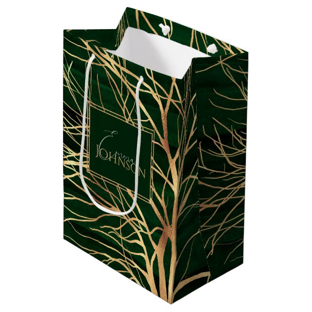 Eleganter Grüner Goldener Herbstbaum Zeichnend Mittlere Geschenktüte (Vorderseite Schrägansicht)