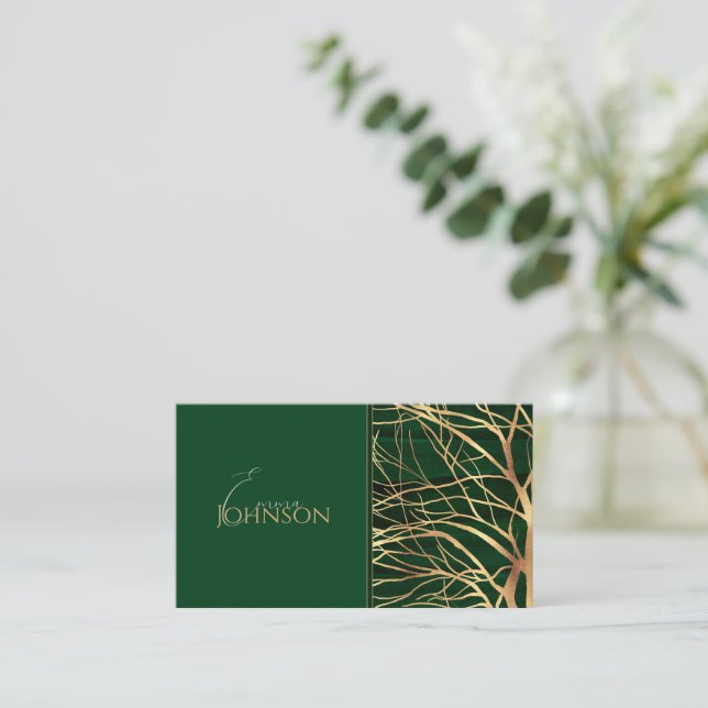 Eleganter Grüner Goldener Herbstbaum Zeichnend Visitenkarte (Stehend Vorderseite)