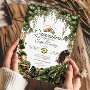 Eleganter grüner goldener Tiara-Blumen-Quinceañera Einladung